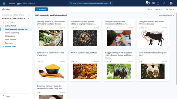 Cards interface showing tile view of knowledge cards with reading time estimates