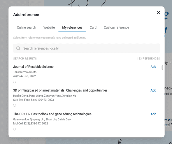 Reference addition interface showing database search options
