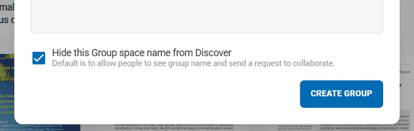 Privacy settings showing option to hide group space name from Discover